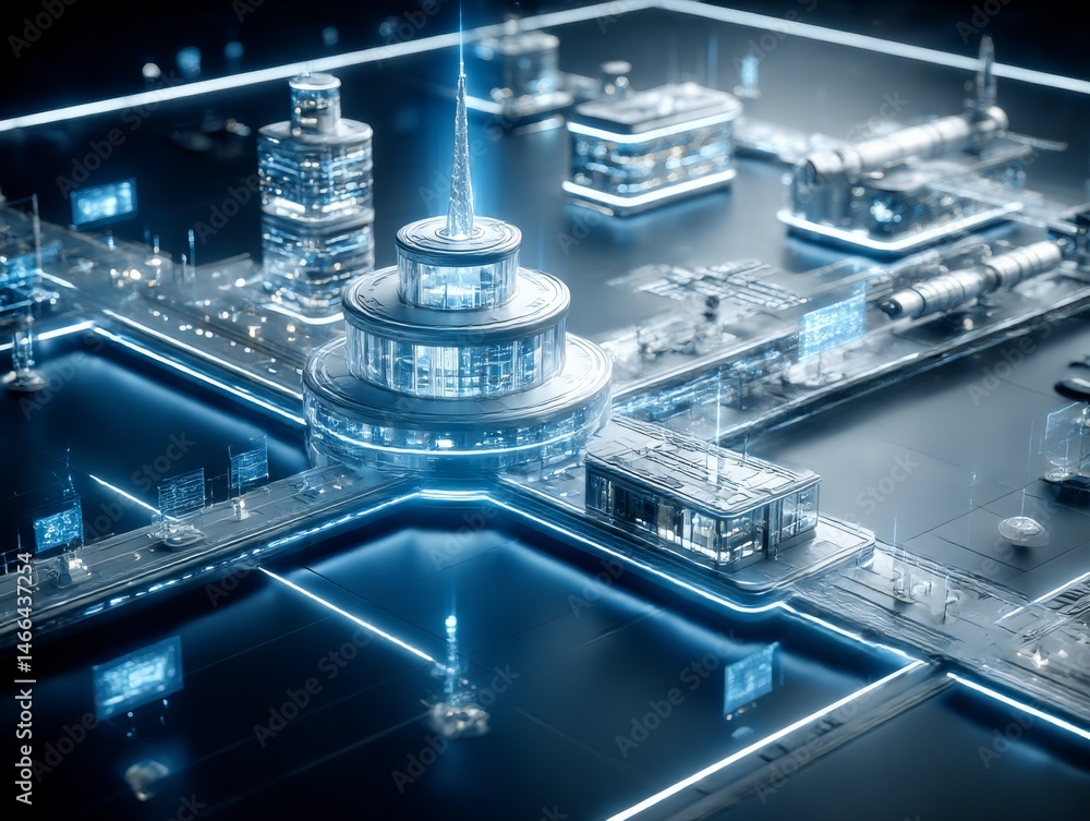 Poster futuristic cityscape: a glowing network of technology and innovation in a high-tech blue glow, moder