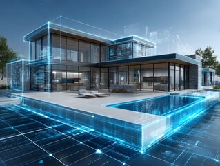 Futuristic Modern House Design with Blueprint Overlay and Swimming Pool: Architectural Innovation & Technological Integration
