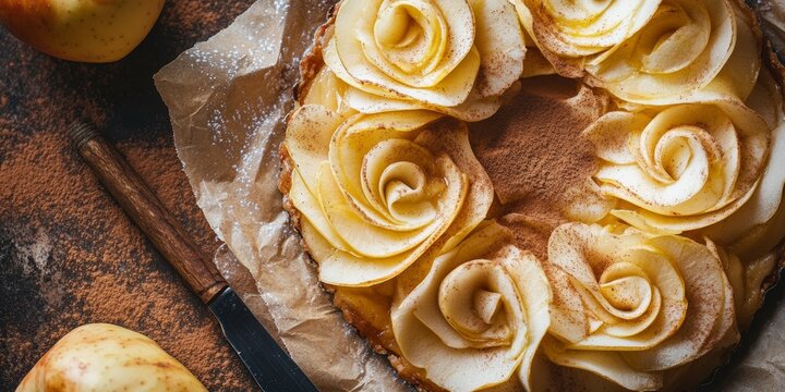 Delicious Homemade Apple Tart Cake with Cinnamon and Apple Slices on Baking Paper Background