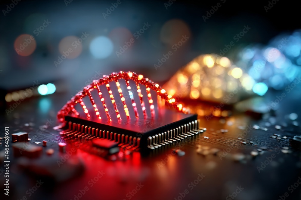 Poster High-Tech DNA: An artistic macro shot of a glowing DNA helix resting on a computer microchip, hinting at biotechnological innovation.