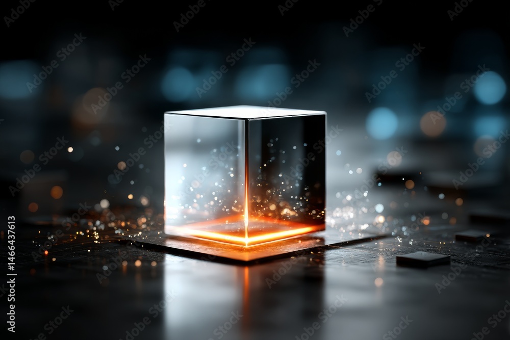 Poster illuminated glass cube: a sleek depiction of modern technology with abstract light and reflections o