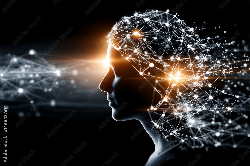 Fototapete Human Head with Neural Network Connection - Artificial Intelligence Concept and Glowing Light on Dark Background