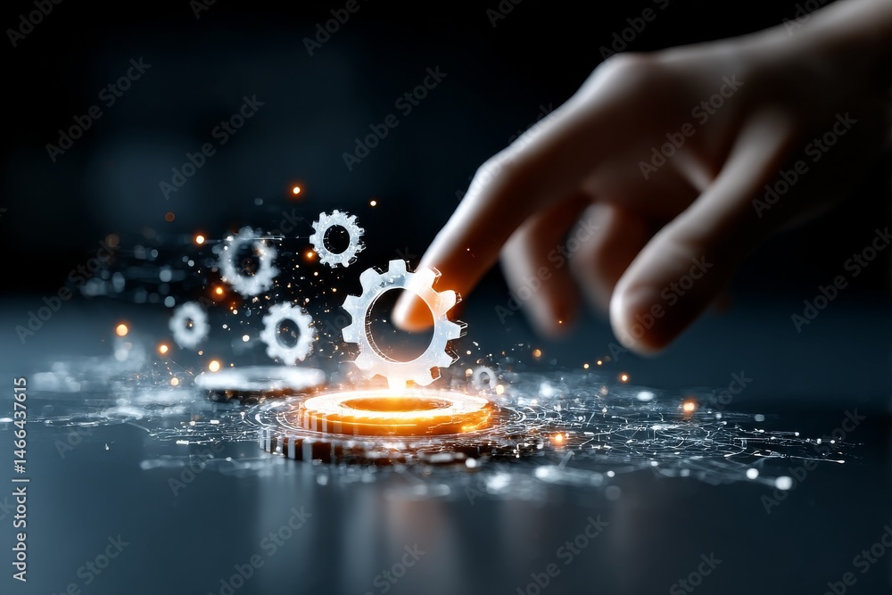 Poster hand setting glowing gears in motion: innovation, technology, and connection for the future