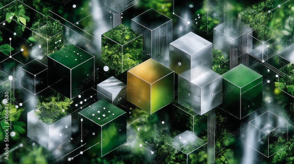 Poster Green Tech: Abstract Cubes Intertwined with Nature and Connected by Data Streams, A Fusion of Technology and Ecology.