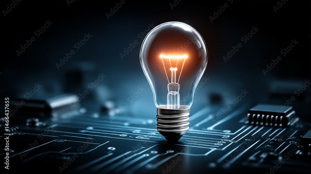 Poster illuminating innovation: a light bulb on a circuit board, representing technological advancement and
