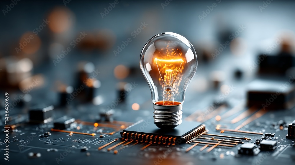 Poster innovation on a circuit board: light bulb illuminating technology and ideas for the future