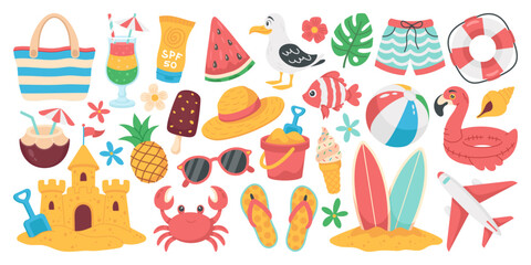 Summer elements set. Summer vacation, holiday, travel, vacation, objects. Flat style vector hand drawn illustration