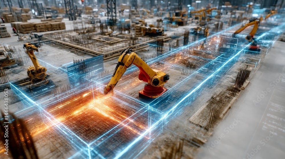 Fototapete robotic precision: futuristic construction site with automated arms and neon grid overlay