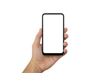 Hand holding smartphone with blank white screen on isolated white background