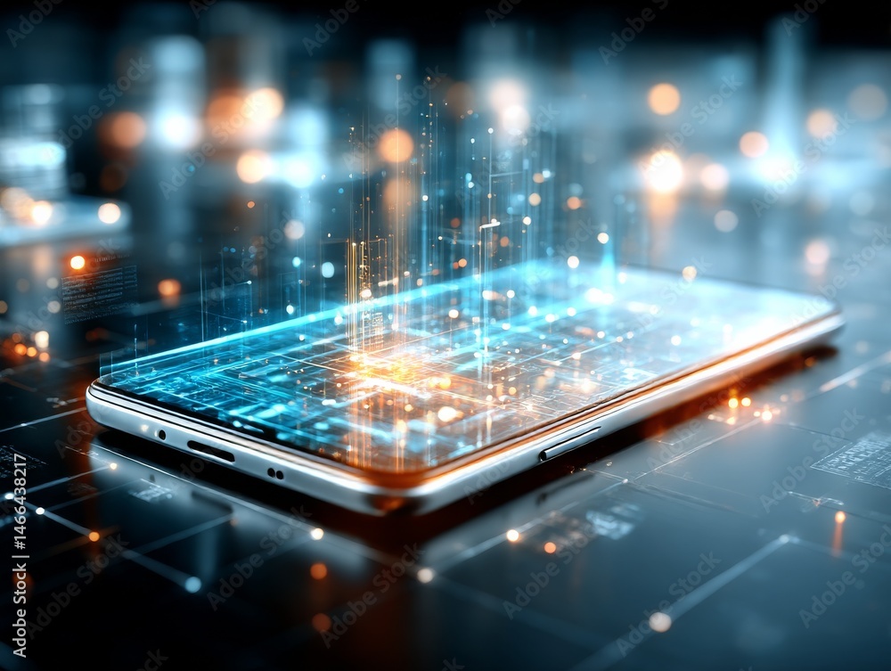 Poster Smartphone with Futuristic Data Visualization and Connected Network in Abstract Cityscape