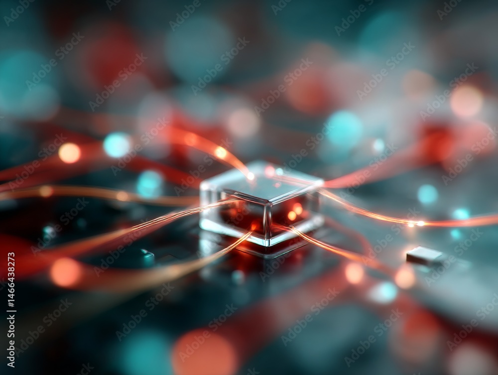 Leinwandbilder Translucent Technology: Abstract Close-up of a CPU Chip with Glowing Fiber Optic Connections and Bokeh Background
