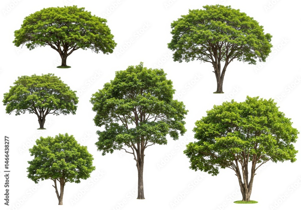 Poster collection of various green trees with full canopies isolated on a white background, showing differe