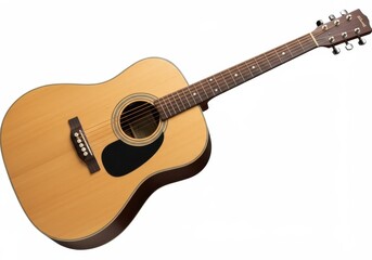 Acoustic guitar with a light wood finish and black pickguard isolated on a white background