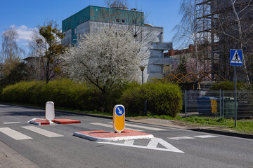 Urban road with freshly painted pedestrian crossing and temporary traffic signs under spring blossom trees in residential area. City safety, infrastructure improvement and pedestrian awareness
