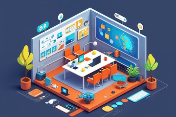 Obraz premium 3D Isometric Vector Illustration Showcasing the Synergy of Hybrid Working and Digital Spaces