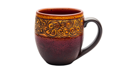 Ceramic coffee mug with decorative pattern, cut out transparent