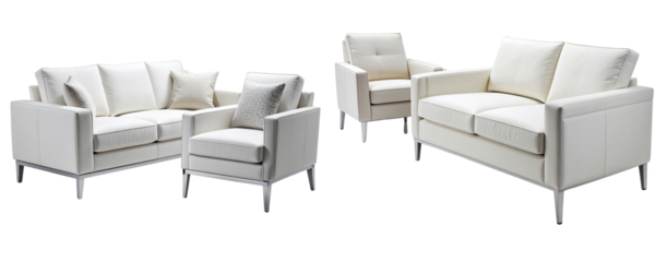 Elegant White Living Room Sofa and Lounge Chair Set, Transparent Background
