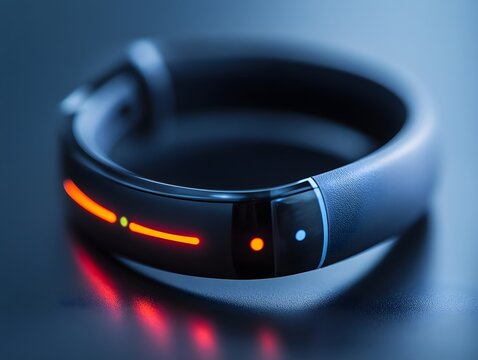 A sleek, black smart - wearable device with an orange light, likely a fitness or health - tracking bracelet. - Powered by Adobe