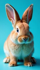 Fototapeta premium Close-up of cute bunny with striking black eye on blue backdrop, background, close-up, furry
