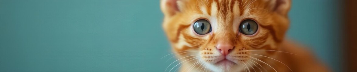 Close-up of cute orange tabby kitten gazing into camera, furry, adorable, domestic
