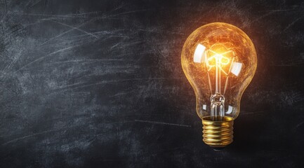 A light bulb is lit up on a black chalkboard. The light bulb is glowing brightly, illuminating the dark background. Concept of brightness and energy