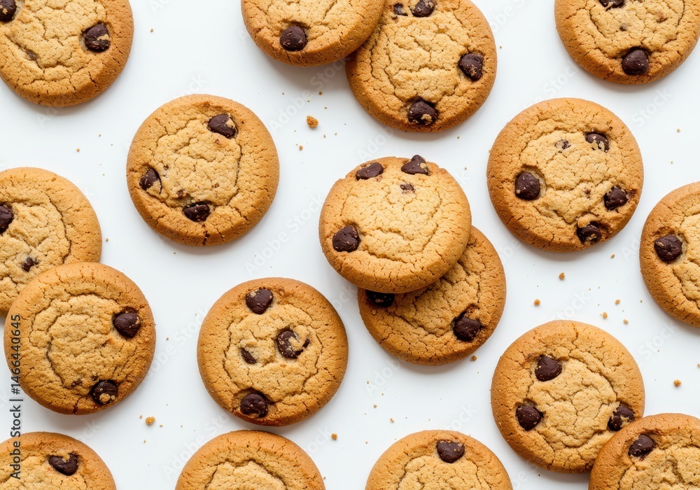 Poster overhead view of freshly baked chocolate chip cookies scattered on a plain white surface, creating a