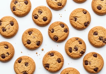 Overhead view of many freshly baked chocolate chip cookies arranged on a white surface