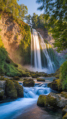Majestic Waterfall Cascading Through Lush Green Landscape