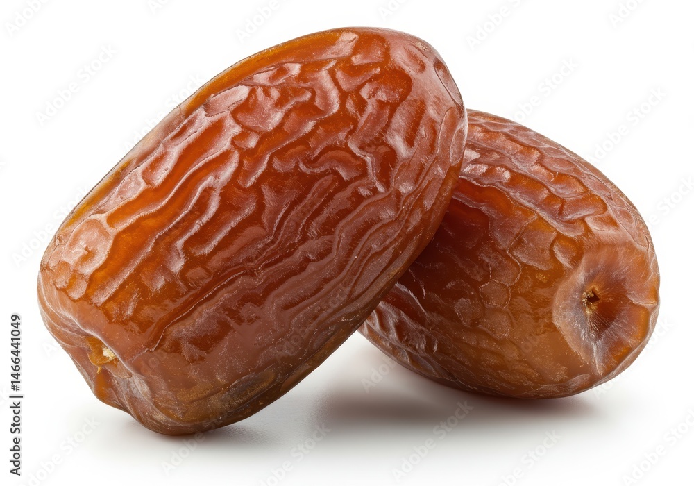Poster close-up of two medjool dates showing their texture and shape against a white background in a studio