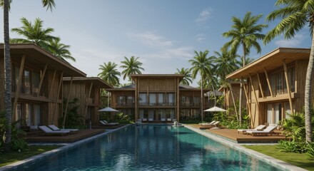 Fototapeta premium Luxury Tropical Resort with Pool and Palm Trees