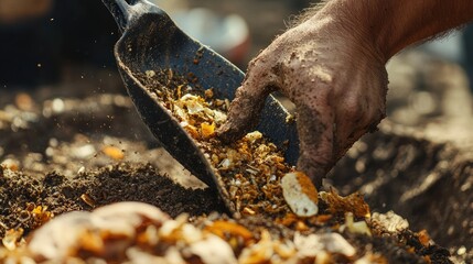 Bread crusts and vegetable peels being scraped into compost