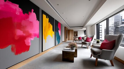 Modern minimalist lobby with vibrant abstract art.  Spacious corridor with comfortable seating, showcasing a contemporary design