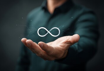 A businessman displays a digital infinity symbol representing endless growth potential and continuous improvement in business strategy.