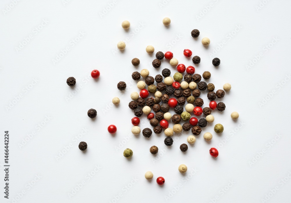 Poster scattered peppercorns in assorted colors on a white surface, creating a textured and vibrant culinar