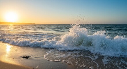 Fototapeta premium Ocean Wave Crashing on Sandy Beach at Sunset