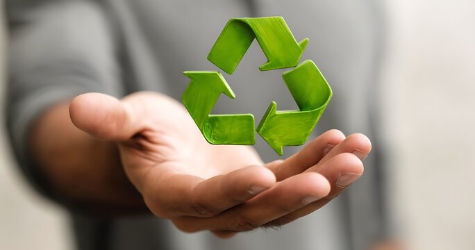 A hand gently cradles a vibrant green recycling symbol promoting environmental sustainability and eco-friendly practices