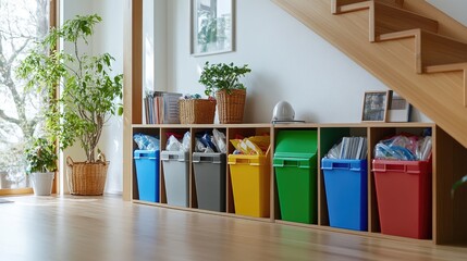 Eco-bin station in a home with clear categories and color coding