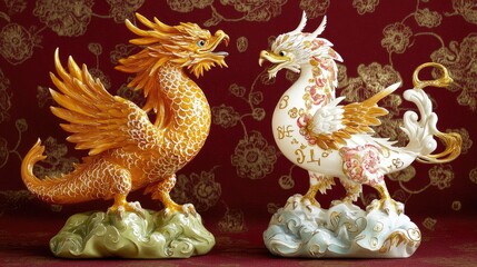 Fototapeta premium Dragon and phoenix figurines with symbolic numbers placed between them