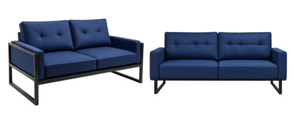 Modern Navy Blue Two-Seater Sofa with Metal Frame, Transparent Background