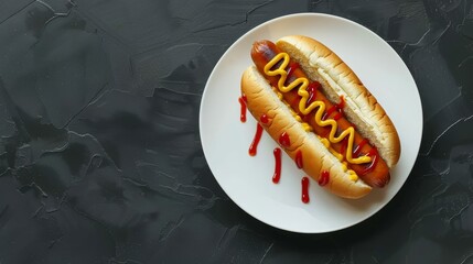 Delicious hot dog with condiments on a plate against a clean dark neutral background