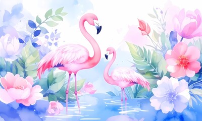 Naklejka premium Elegant Watercolor Illustration of Two Flamingos Amidst a Floral Bloom