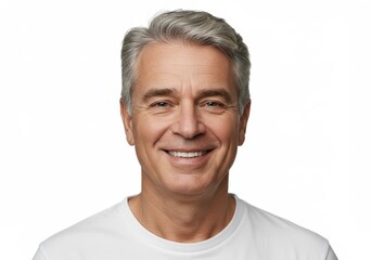 Fototapeta premium Close-up portrait of a smiling mature man with gray hair wearing a white t-shirt against a white background