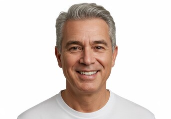Fototapeta premium Portrait of a smiling mature man with gray hair wearing a white t-shirt against a white background