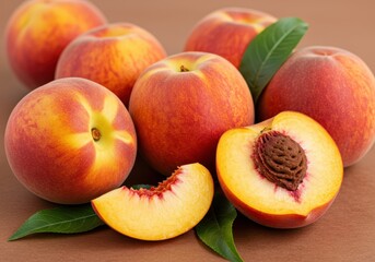 A group of peaches with one peach sliced in half and a slice on a brown surface