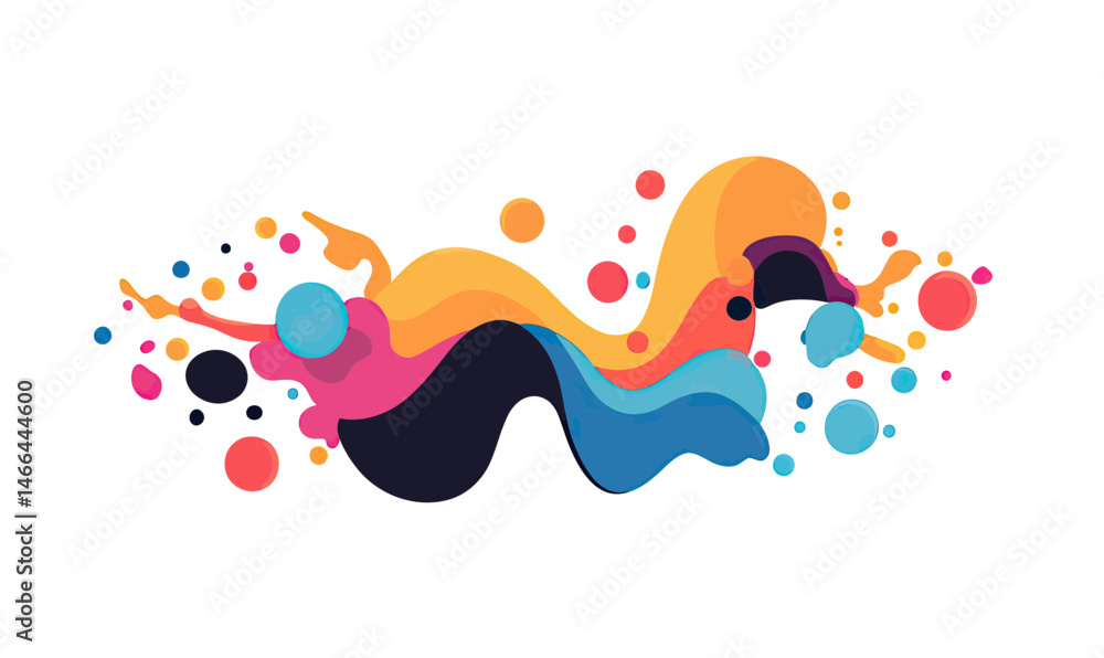 Poster colorful abstract liquid wave flow with vibrant paint splashes and dots in dynamic motion on white b