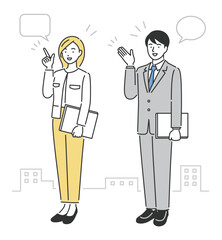 businessman and businesswoman, explaining, full body, vector illustration