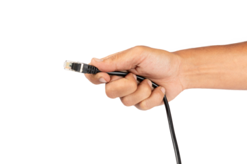 Male hand holding a black ethernet cable isolated no background cutout