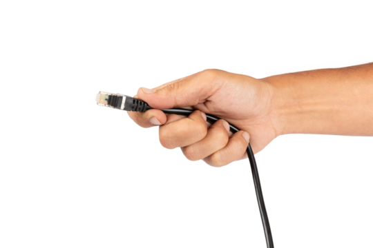 Male hand holding a black ethernet cable isolated no background cutout