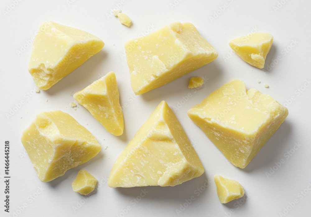 Poster several chunks of raw cocoa butter arranged on a white surface in a top-down close-up view