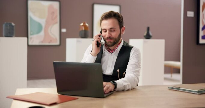 Art, laptop and man at gallery with phone call, curator and networking in creative business culture. Exhibition, web critic or writer at desk, auction or showroom with communication at computer